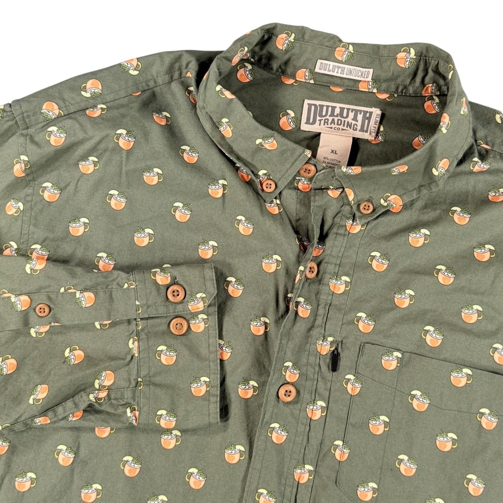 Duluth Trading Co Button Down Mens XL Olive Moscow Mule Print Slim Untucked 3453